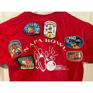 Vintage 90's Napa Bowling Patchwork Graphic Red T-Shirt Sz‎ Kids Large